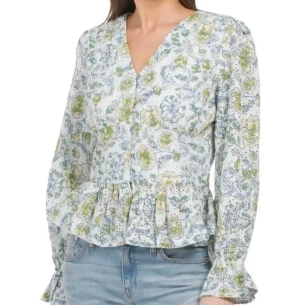 NWT 7 for all Mankind Floral Eyelet Peplum Long Sleeve Shirt Size M